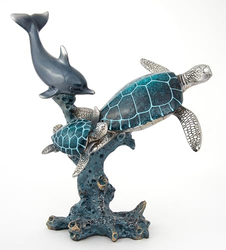 Dolphin and Sea Turtle Swimming on Coral Reef Ocean Figurine Coastal Tabletop Decor - Sea Life Sculpture Beach House Nautical Room Accent - color: Tropical Blue