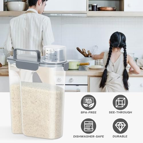 Rice Storage Container 10 Lbs, Airtight Food Dispenser with Large Spout and Cup for Pet Dog Cat Food Storage 7 Lbs - color: Grey-10L