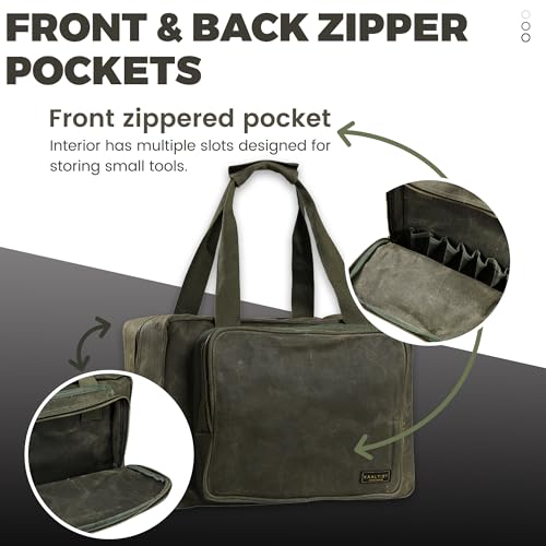 Tool Tote | Heavy Duty 16oz Waxed Canvas Tool Storage Bag - Portable 3 Pockets Tote Bag with Padded Handle& Metal Zipper, for Craftsman Gardener Carpenter Mechanic | 15.5"L x 7.5"W x 11.5"H - color: ArmyGreen