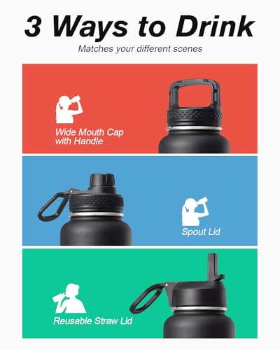 Coolflask 40 oz Water Bottle Insulated with Straw & 3 Leakproof Lids - color: Magic Black, size: 40 Ounces