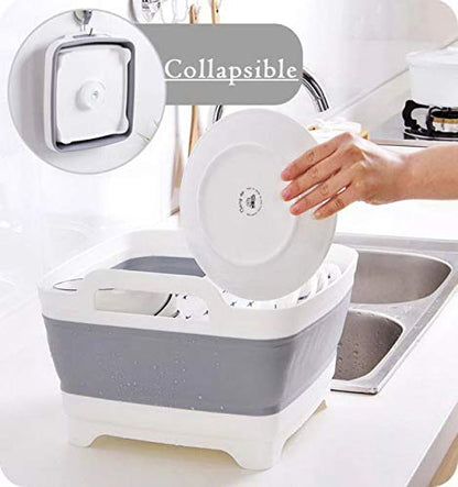 9L (2.4Gal) Dish Basin Collapsible with Drain Plug Carry Handles,Kitchen Storage Tray Dish Wash Basin, Portable Dish Tub, Foldable Dishpan for Camping,RV,Gray - color: Gray
