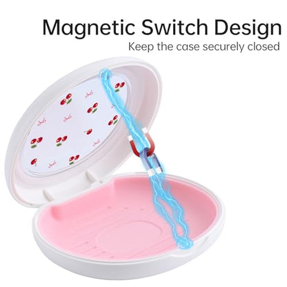 Kawaii Cherry Printed Retainer Case with Silicone Pad, Portable Slim Aligner Case Orthodontic Retainer Box, Denture Storage Container Travel Mouth Guard - color: Kawaii Cherry