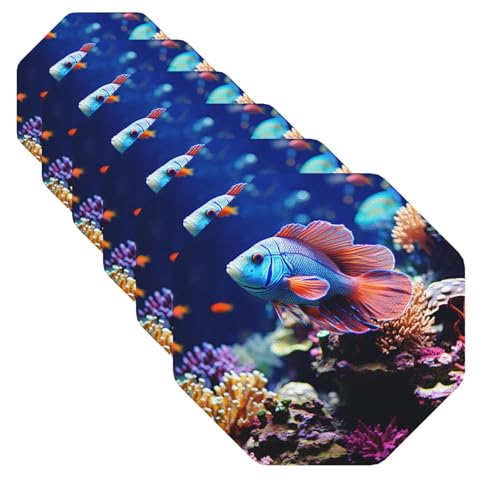 Drink Coasters Set of 6 Leather Coasters for Drinks Coral Reef Fish Aquarium Round Cup Mat Pad Heat Resistant Funny Cup Coaster for Tabletop Protection,4 Inches - color: Octagon