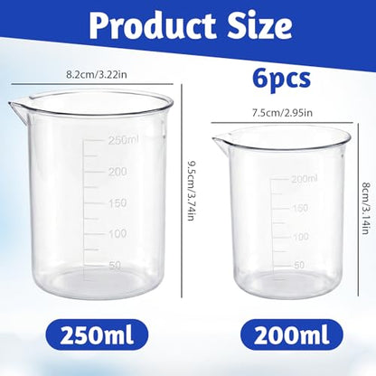 Plastic Beaker Set, 6 Sizes Low Form Measuring Graduated Polypropylene Beakers - 25ml, 50ml, 100ml, 150ml, 200ml, 250ml for Science Lab Classrooms Home with 6 Plastic Droppers in 3 ml