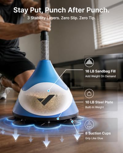 MERACH Punching Bag with Stand, 8 Suction Cups 53-62 Height Adjustable | Stress Relief, Sand Filled Base, Carbon Steel Spring, Fast Rebound, Easy Assembly, Home Gym Boxing Equipment (Blue & White)