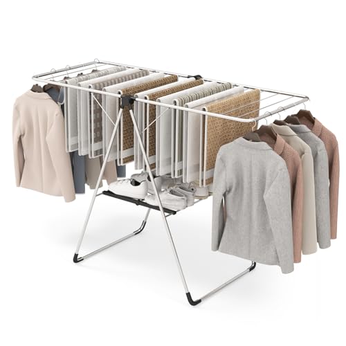 Tangkula 2-Level Collapsible Clothes Drying Rack w/Height-Adjustable Wings | Light-Weight Aluminum | Bottom Shoe Rack | No Assembly | Foldable & Space-Saving| for Laundry Room, Balcony, Patio | Silver