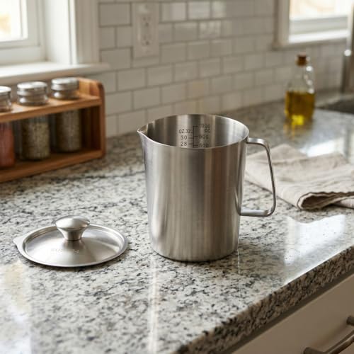 QWORK 304 Stainless Steel Measuring Pitcher with Lid 32oz/1L, Dual Scales Wide Mouth Graduated Cup for Espresso, Milk Frothing Jug with Handle
