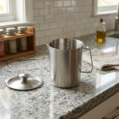 QWORK 304 Stainless Steel Measuring Pitcher with Lid 32oz/1L, Dual Scales Wide Mouth Graduated Cup for Espresso, Milk Frothing Jug with Handle