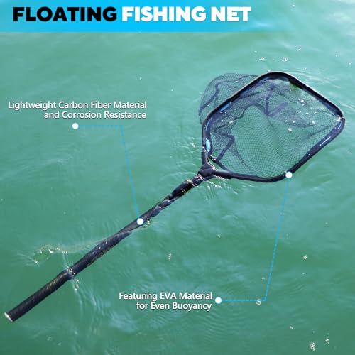 PLUSINNO Floating Fishing Net with Telescoping Handle, Carbon Fiber Ultralight Long Fish Net, Collapsible Landing Net 6.56/7.86Ft, Fishing Gear Kayak Accessories for Bass Trout Salmon