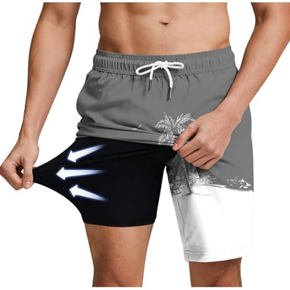 Men's Swim Trunks with Compression Liner Drawstring Bathing Suits Board Beach Shorts with Pockets - color: Gray, size: Small