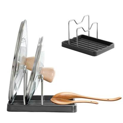 2 in 1 Pot Lid Holder & Spoon Rest for Kitchen Counter, Plastic Utensil Rest with Stainless Steel Pan Lid Holder Organizer While Cooking, Countertop Space Saving Pot Cover Rack | Easy to Clean