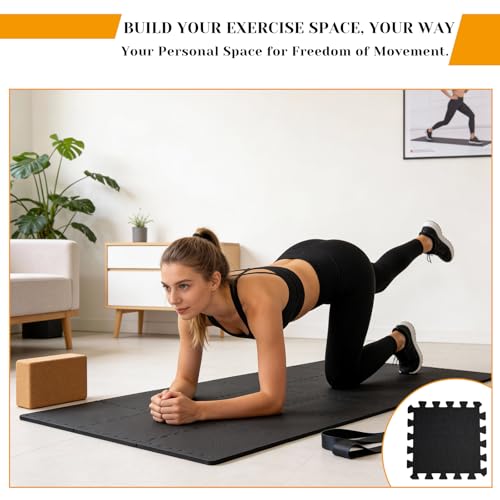 18 PCS Floor Mats for Home Gym, 3x6 Feet High-Density Interlocking Foam Floor Mats 0.4"(10mm Thick) Puzzle Tiles Mat for Workouts, Exercise, Play, Yoga, Cardio, Weights (Black)