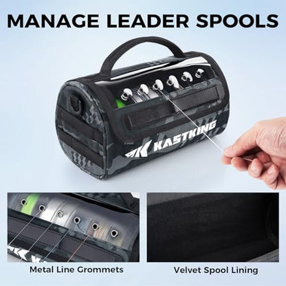 KastKing BaitSpace Line Management Bag, Fishing Line Storage Bag with Water Resistant Nylon, Clear View Window, Removable Divider, Tangle-free Leader Line Holder - color: D: Black Camo-Large