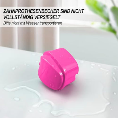 Denture Cup Retainer Cleaning Case False Teeth Soaking Container with 2 Brushes, Dental Retainer Cup Holder Case Denture Soaking Storage Box Case - White & Rose Red - color: White & Rose Red