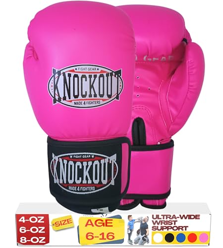 Kids Boxing Gloves for Training, Youth Punching Bag Gloves Age 4-15 | boys & girls, Wide hook-and-loop wrist strap, High-density foam padding, boxing, kickboxing, MMA, Muay Thai, fitness training - color: Pink, size: 10 oz