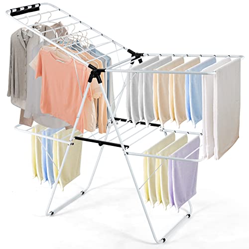 GOFLAME 2-Tier Clothes Drying Rack, Folding Laundry Dry Rack with Adjustable Supporting Bar, 26 Premium Clips, Space-Saving & Collapsible Laundry Hanger for Easy Storage, No Assembly Needed - size: 60.5” x 22” x 35.5”