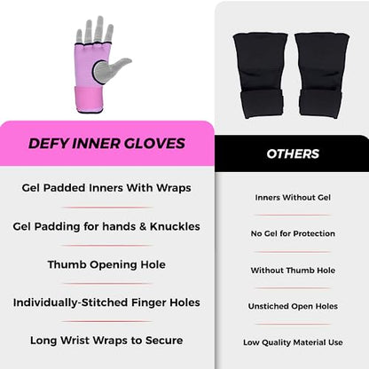 DEFY Padded Inner Gloves Quick 75cm Long Strap – Inner Boxing Gloves Gel Padded Knuckle Protection – Elasticated Boxing Hand Wraps for MMA Muay Thai Kickboxing Martial Arts Pair - color: Pink, size: X-Large
