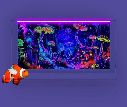 48X18IN Blacklight Mushroom Black Light Aquarium Background UV Reactive Background Starry Sky Terrarium Mushroom Theme Background with 10 EVA Double-Sided Tape - color: Violet bluish, size: 48X18in/120X45cm