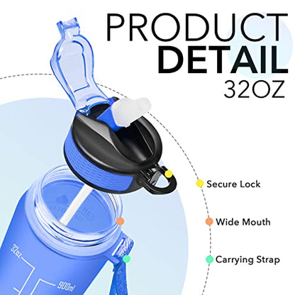 Hyeta Water Bottle with Straw & Time Marker, Plastic 32oz Leakproof - color: Sea Level