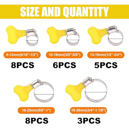 30PCS Stainless Steel Hose Clamps, 5/16"-1-1/8"(8-29mm) Adjustable Thumb Screw Clamp, Key-Type Fuel Line Clamp, Worm Gear Hose Clamps for Automotive, Tube, Plumbing