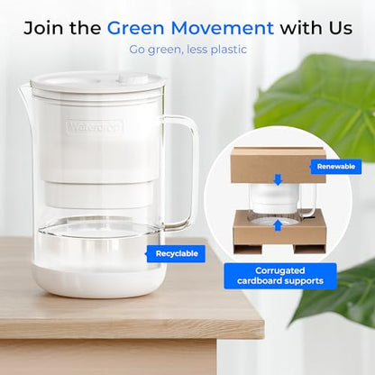 Waterdrop PT-09W 10-Cup Large Glass Water Filter Pitcher, Eco-Friendly, NSF/ANSI 53, 42 & 372 Certified Filter, Reduces PFOA/PFOS, Chlorine, Cadmium, Copper & Mercury, BPA-Free, Easy to Clean, White