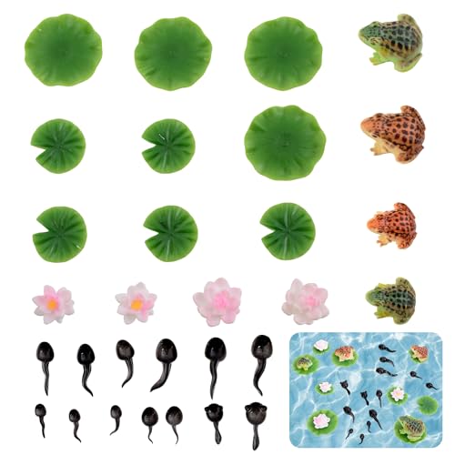 30 Pcs Mini Resin Pond Accessories Miniature Floating Lotus Water Lily Pads Tiny Frog Tadpole Figurines for Aquarium Fairy Garden Bonsai Pond Pool Home Outdoor Water Decor DIY Crafts