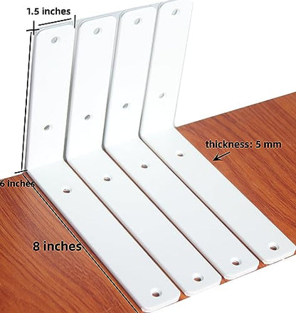 4 Pack - L 8" x H 6" x W1.5, 5mm Thick White L Shelf Bracket, Iron Shelf Brackets, Metal Shelf Brackets, Floating Shelf, Shelf Supports with Screws - size: 8''x6'', style: White 4 Pack
