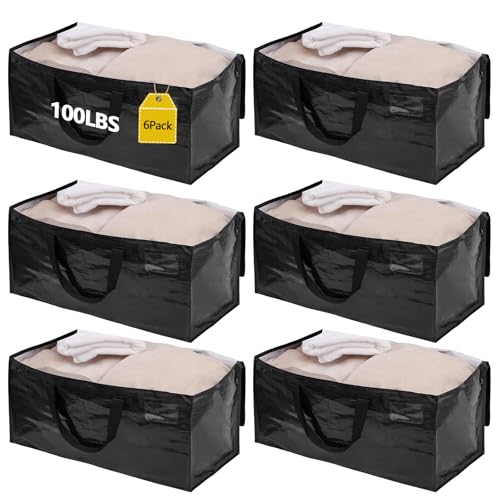 6 Pack Waterproof Moving Storage Bags, 100 lbs Extra Large Heavy Duty Totes with Reinforced Handles & Strong Zippers, Reusable Moving Box Alternative for Packing Moving Household Storage, 95L, Blue - color: Black, size: 6 Pack