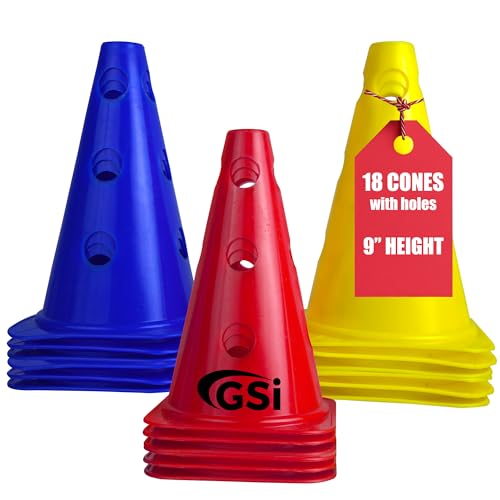 GSi 9-Inch Cones with Holes for Hurdle & Agility Training | Creates Training Hurdles, Stable in Wind, Sturdy Construction, Bright Colors, 18 Cones in 3 Colors