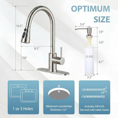 Kitchen Faucet with Soap Dispenser: 304 Stainless Steel Kitchen Sink Faucets with Pull Down Sprayer 3 Modes, Single Handle High Arc Mixer Taps for Sink, RV, Laundry, Bar (Brushed Nickel) - color: Brushed Nickel, style: Contemporary