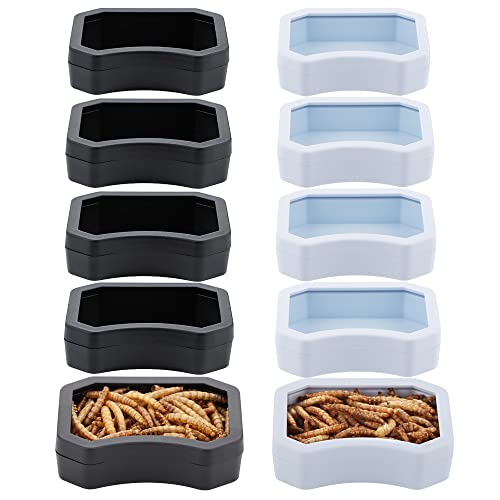 10 Pack Reptile Water Food Bowl, Plastic Terrarium Worm Dish Anti- Escape Feeder for Small Reptile Gecko Lizard Turtle (Black and White)