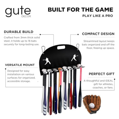 GUTE Baseball Bat Rack Holds 16 Bats Metal Wall Mount Organizer Heavy Duty Garage Storage Caddy Fence Holder - Black