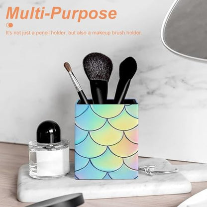 Women's Pen Cup Pencil Holder Makeup Brush Storage Beautiful Mermaid Fish Scale Leather Desk Organizer