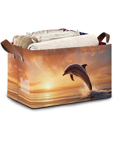Dolphin Ocean Storage Basket,Sunset Collapsible Storage Bin Cubes for Living Room Bedroom Blankets Home Storage 17x11.5x10Inch