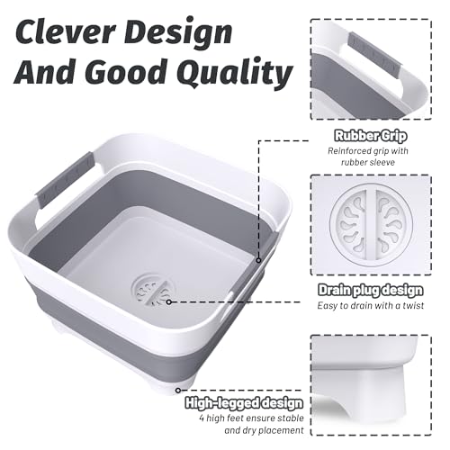 Collapsible Dish Basin with Drain Plug, 9L(2.4Gal) Capacity, Space Saving Portable Sink for Baby bottle, Kitchen, Camping& RV, Gray