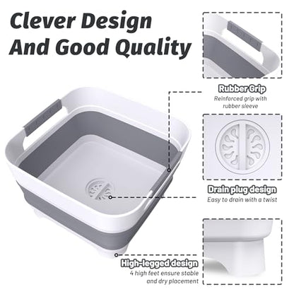 Collapsible Dish Basin with Drain Plug, 9L(2.4Gal) Capacity, Space Saving Portable Sink for Baby bottle, Kitchen, Camping& RV, Gray