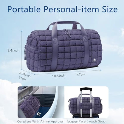 Quilted Gym Bag for Women,Duffle Bag for Travel with Wet Pocket,Carry on Weekender Bags for Women,Travel Bag with Shoe Compartment(Purple) - color: Purple