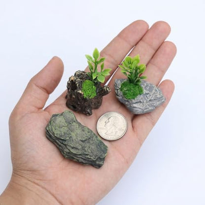 Kai Dream Miniature Fake Stone Rocks, Trees Stumps with Plants -7 Piece Decorative Landscape Ornaments for Fairy Garden Accessories, Zen Garden, Diorama