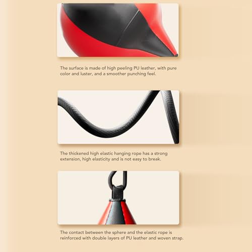 Double End Bag Boxing Ball, Robust PU Leather Improve Reflexes Fast Speed Adjustable Cord Punching Bag for Training Home Use, Red Black