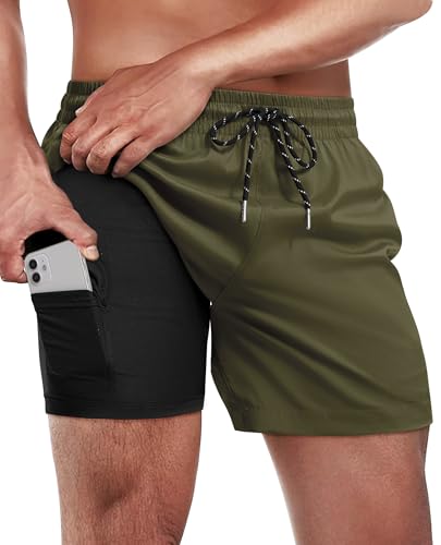 Gleeease 5 Inch Mens Swim Trunks with Compression Liner Men's Bathing Suit - color: Army Green, size: 3X-Large