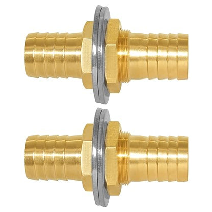 2PCS Brass Straight Bulkhead Fitting 1"OD Thru-Bulk Coupling Tank Connector Hose Pipe Barb Fittings for Water/Oil/Gas