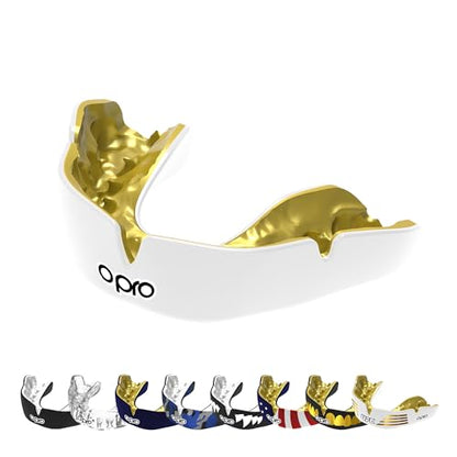 OPRO Instant Custom-Fit Mouthguard – Dentist Level Gum Shield Adult and Kids – OPRO Mouth Guard Boxing and MMA, Self-Fit Gum Shield Rugby – Maximum Protection with Dental Warranty (White/Gold) - color: White/Gold, size: Adult (10+)