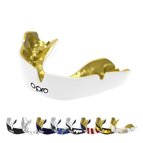 OPRO Instant Custom-Fit Mouthguard – Dentist Level Gum Shield Adult and Kids – OPRO Mouth Guard Boxing and MMA, Self-Fit Gum Shield Rugby – Maximum Protection with Dental Warranty (White/Gold) - color: White/Gold, size: Adult (10+)
