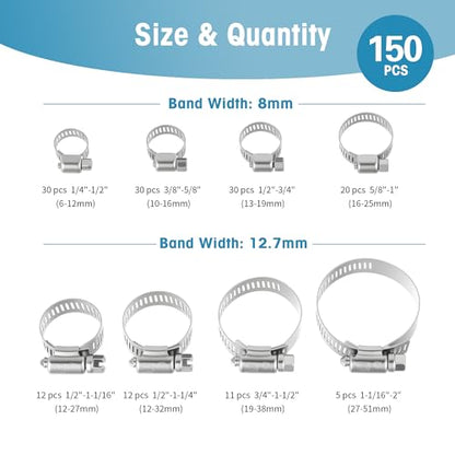 FARRAY 150 PCS Hose Clamps Assortment Kit, Adjustable 1/4"- 2"(6-51mm) Worm Gear Hose Clamps, 304 Stainless Steel Hose Clamps for Plumbing, Automotive and Mechanical Applications