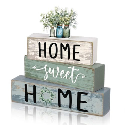 4 Pcs Spring Eucalyptus Mason Jar Wooden Block Decor Farmhouse Tiered Tray Signs Home Sweet Home Tabletop Centerpiece for Kitchen Shelf Decoration Housewarming Gifts