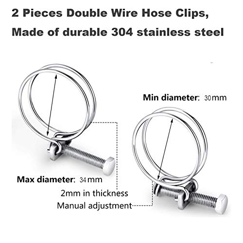 2 Pieces Double Wire Hose Clips Adjustable 304 Stainless Steel Hose Clamps Pond Hose Joint to Fit 30-34mm Pipe - size: 30 mm - 34 mm
