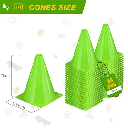 36pcs Cones 7 Inch Soccer Cones and Plastic Traffic Cones, Durable Cones for Sports Training, Ideal for Soccer, Basketball, Football, Skating, and Agility Drills Practice - color: green