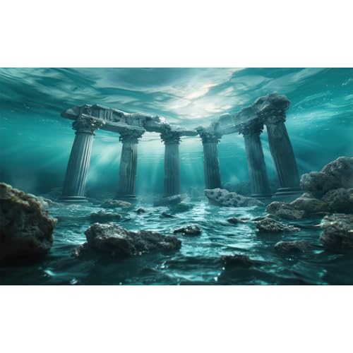 Under The Sea Aquarium Background Underwater Marine Ruins Ancient Structures Fish Tank Background Coral-Encrusted Artifacts Stunning Ocean Terrarium Backgrounds Diving Theme Tank Backgrounds 60x24in - color: Dark Blue, size: 60(W)x24(H)in