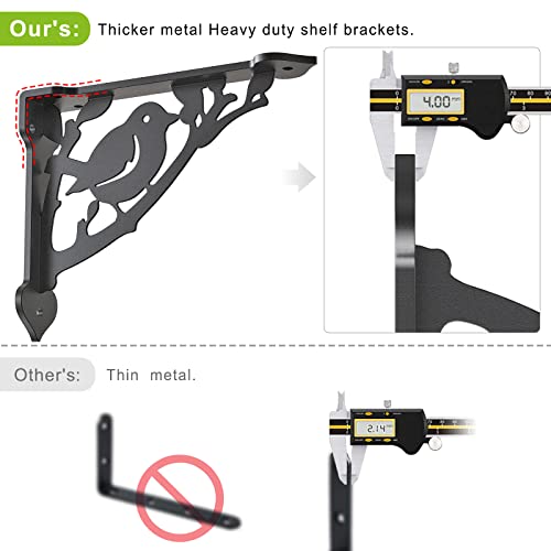 SELEWARE Heavy Duty Shelf Brackets 12 Inch, Bird Shelves Brackets, 300LB Capacity Decorative Metal L Brackets for Floating Shelves, Black Rustic Wall Mount Shelving Bracket with Screws, 2 Pack