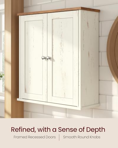 VASAGLE Siren Collection - Bathroom Wall Cabinet, Hanging Bathroom Storage Cabinet, for Medicines, Farmhouse, 2 Adjustable Shelves, 7.9 x 22 x 23.6 Inches, Rustic White and Honey Brown UBBK330WJ01S - color: Rustic White, style: 2Doors(22"W)